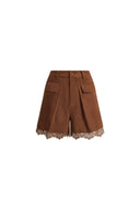 Hazel Lace Panel Belted Shorts in Faux Suede