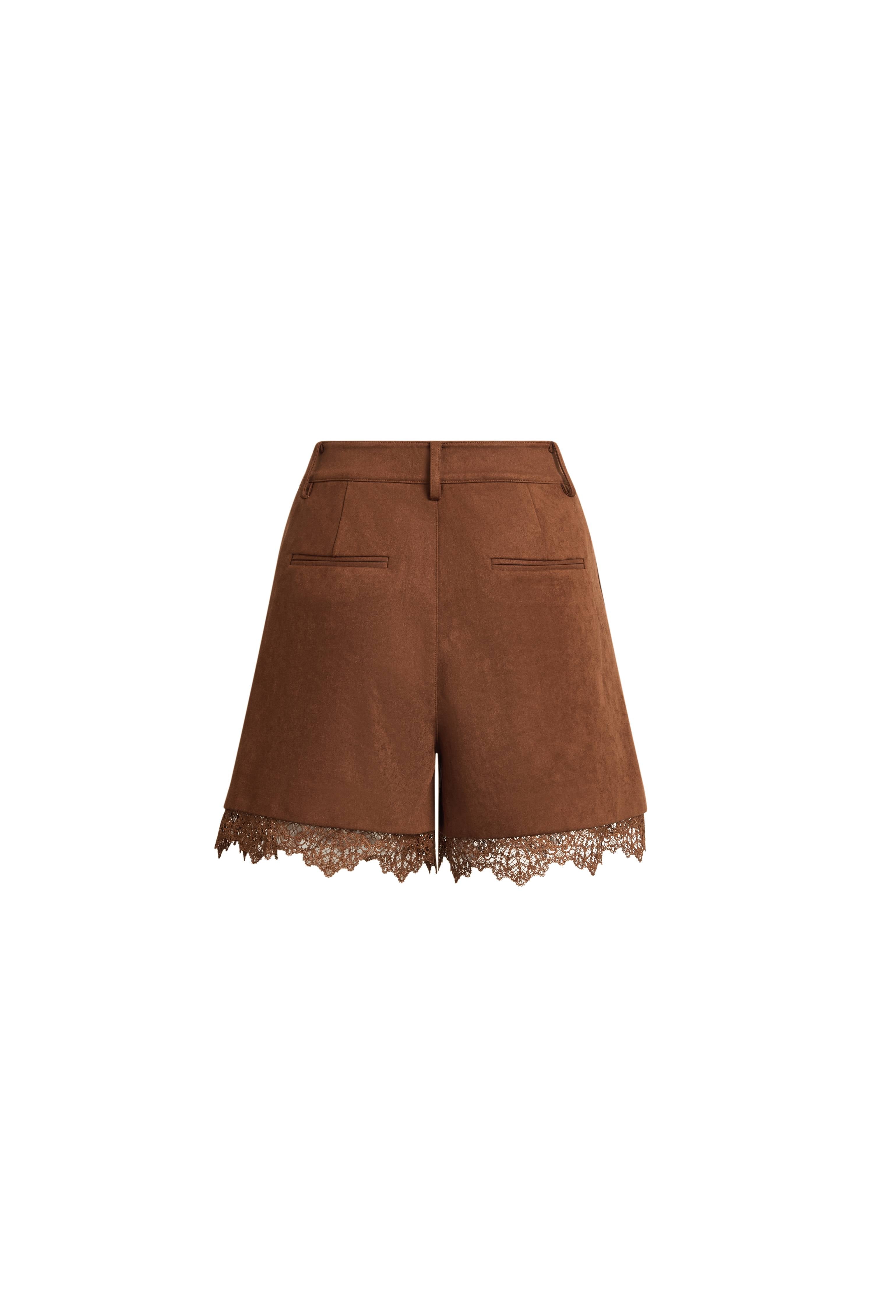 Hazel Lace Panel Belted Shorts in Faux Suede – fbrq.com