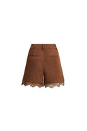 Hazel Lace Panel Belted Shorts in Faux Suede