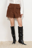 Hazel Lace Panel Belted Shorts in Faux Suede