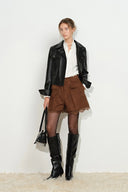 Hazel Lace Panel Belted Shorts in Faux Suede