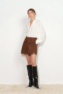 Hazel Lace Panel Belted Shorts in Faux Suede