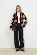 Hélène Hand Embroidery Argyle Cardigan in Wool Blend