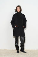 Herse Black Belted Lapel Midi Coat in Wool Blend