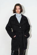 Herse Black Belted Lapel Midi Coat in Wool Blend