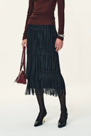 Hilda Ruched Asymmetric Fringe Skirt