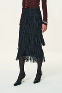 Hilda Ruched Asymmetric Fringe Skirt