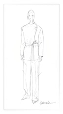 Fashion sketch of a women's belted cropped trench coat with long sleeves and relaxed trousers