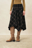 Ilona Plaid Asymmetric Bias Cut Midi Skirt in Wool Blend