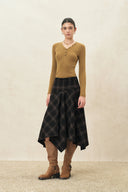 Ilona Plaid Asymmetric Bias Cut Midi Skirt in Wool Blend