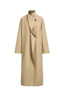 Beige women's wool blend coat with a draped lapel, stand collar and single button fastening
