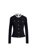 Black crochet knit cardigan with scalloped hem, contrast collar and cuffs, and button front