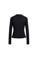 Black crochet openwork cardigan with scalloped hem and long sleeves