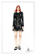 Fashion illustration of a woman wearing a black scalloped crochet cardigan with diamond buttons and ruffled hem