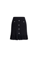 Black wool blend knit midi skirt with front buttons and a scalloped ruffled hem