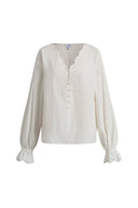 Ivory crinkle cotton blouse with lace trimmed V neck, button front and gathered tie cuffs
