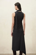Black fitted silk cotton knit dress with sleeveless back and asymmetric midi hem