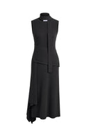 Black sleeveless knit dress with a high neck fitted bodice and layered asymmetric skirt