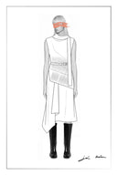 Fashion illustration of a fitted layered knit dress with ribbon ties, deconstructed waist, and asymmetric pleated skirt