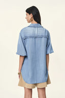 Judy Ruffle Trim Puff Sleeve Shirt in Lyocell Denim