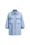 Judy Ruffle Trim Puff Sleeve Shirt in Lyocell Denim