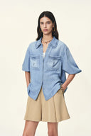 Judy Ruffle Trim Puff Sleeve Shirt in Lyocell Denim