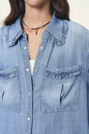Judy Ruffle Trim Puff Sleeve Shirt in Lyocell Denim