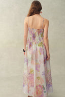 Juile Handworked Floral Prints Strap Dress in Silk Linen Blend