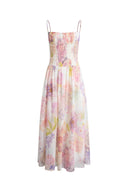 Juile Handworked Floral Prints Strap Dress in Silk Linen Blend