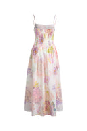 Juile Handworked Floral Prints Strap Dress in Silk Linen Blend