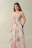 Juile Handworked Floral Prints Strap Dress in Silk Linen Blend