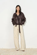 Juno Belted Stand Collar Bubble Jacket in Vegan Leather