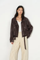 Juno Belted Stand Collar Bubble Jacket in Vegan Leather