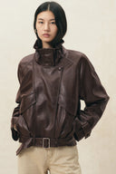 Juno Belted Stand Collar Bubble Jacket in Vegan Leather
