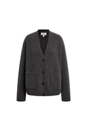 Deep grey wool alpaca blend cardigan with openwork knit, V neck, button front and patch pockets