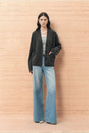 Deep grey wool alpaca blend cardigan with openwork knit, pockets and relaxed fit