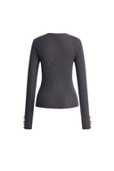 Kaia Hand Sewn Buttons Fitted Grey Cardigan in Merino Wool Knit
