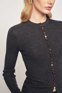 Kaia Hand Sewn Buttons Fitted Grey Cardigan in Merino Wool Knit