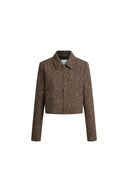 Brown wool blend cropped jacket with stand collar, curved sleeves and hidden zip front