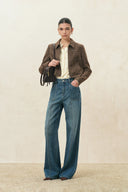 Brown wool blend zip front jacket with tailored sleeves styled with wide leg jeans