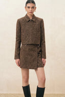 Women's brown wool blend jacket with tailored sleeves and a pointed collar