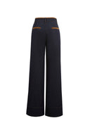 Dark high-waisted wide-leg cotton denim jeans with contrasting suede-trim pockets and stitching