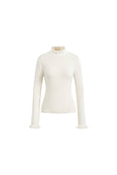 Moonlight white fitted wool blend turtleneck top with ruffle collar and cuffs