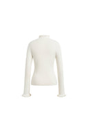 Moonlight white fitted wool blend turtleneck top with ruffle collar and cuffs