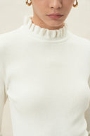 Moonlight white fitted wool blend turtleneck top with ruffle trim collar