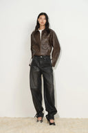Lila Cinch Hem Barrel Leg Jeans in Wax Coated Denim