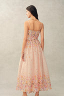 Lilac Handpainted Floral Smocked Belted Strap Dress in Silk Linen Organza