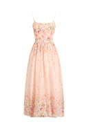 Lilac Handpainted Floral Smocked Belted Strap Dress in Silk Linen Organza