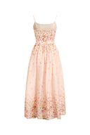 Lilac Handpainted Floral Smocked Belted Strap Dress in Silk Linen Organza