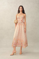 Lilac Handpainted Floral Smocked Belted Strap Dress in Silk Linen Organza